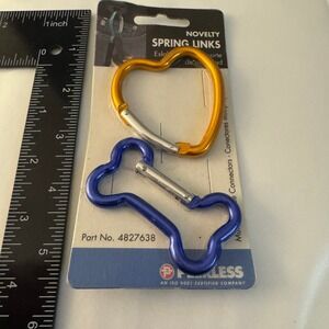 Peerless Novelty Spring Links Gold Heart & Blue Bone Carabiner Clips